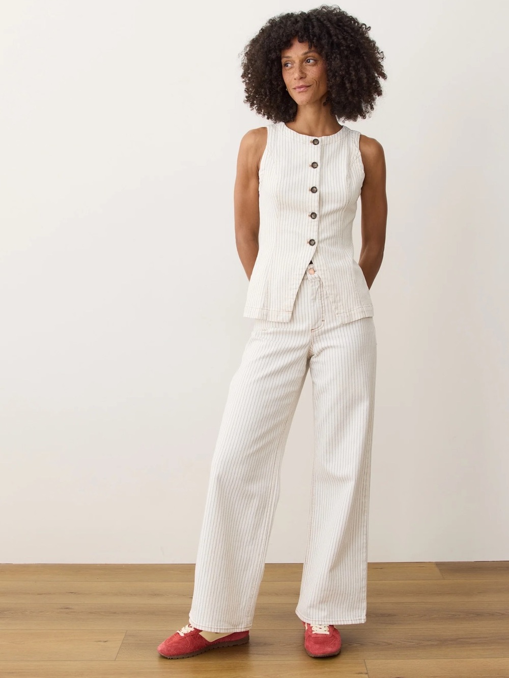 Marine Layer White with Navy Pinstripe Charlie Wide Leg Pant